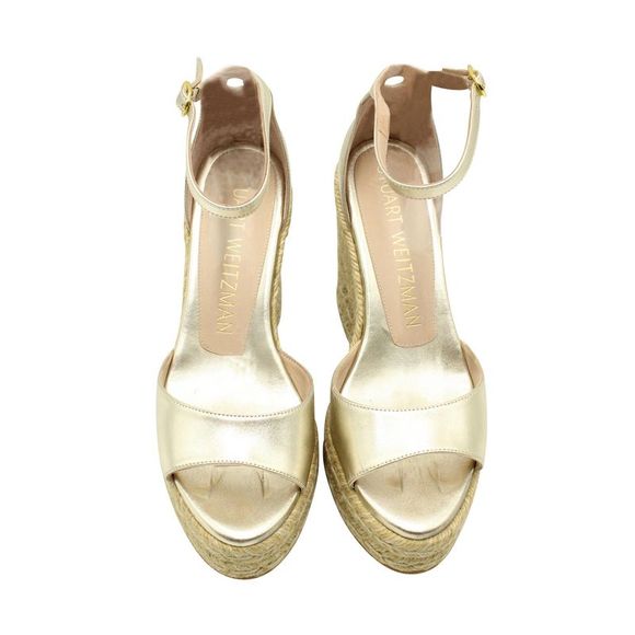 Pre Loved Stuart Weitzman Espadrille Ankle Strap Wedge in Gold Leather - Picture 2 of 10